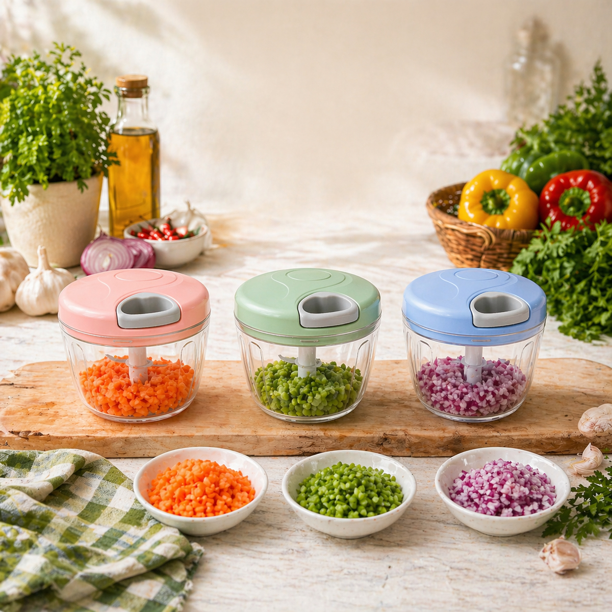 (Assorted) 1Pc EOTIA Manual Food Chopper – 900ml Hand‑Pull Vegetable & Fruit Dicer
