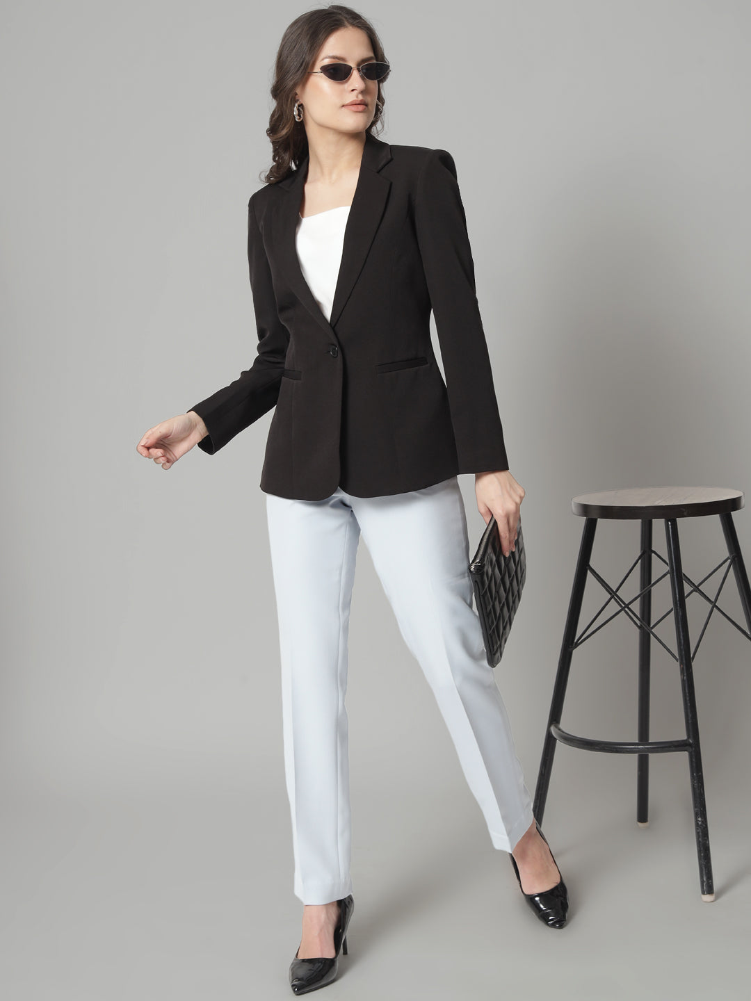 Women Black Notched Lapel Single Breasted Blazer