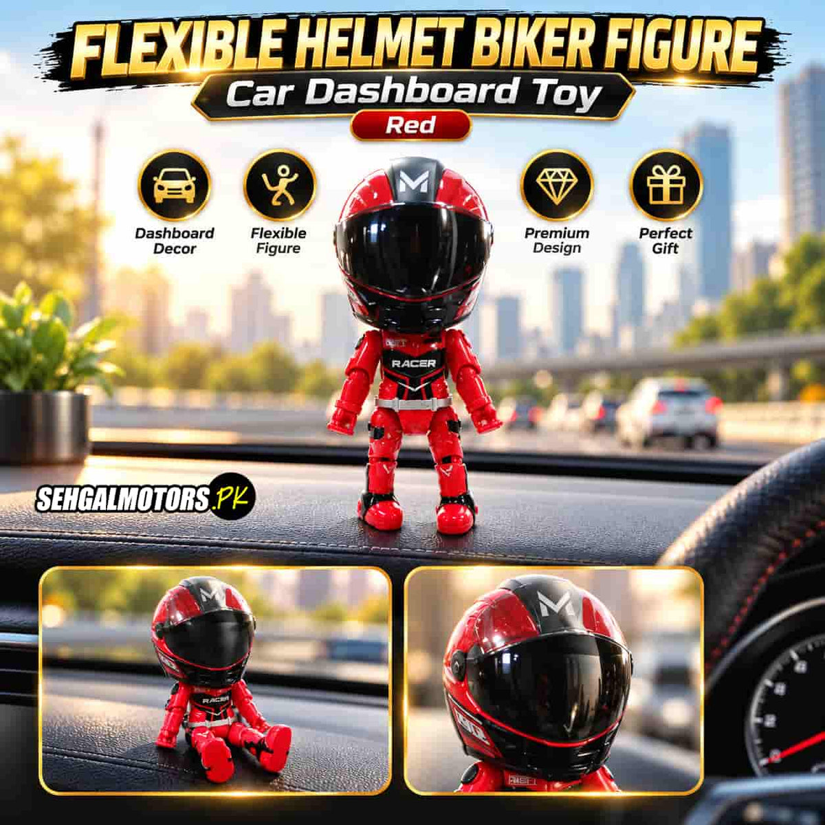 Flexible Helmet Biker Figure Car Dashboard Toy Red
