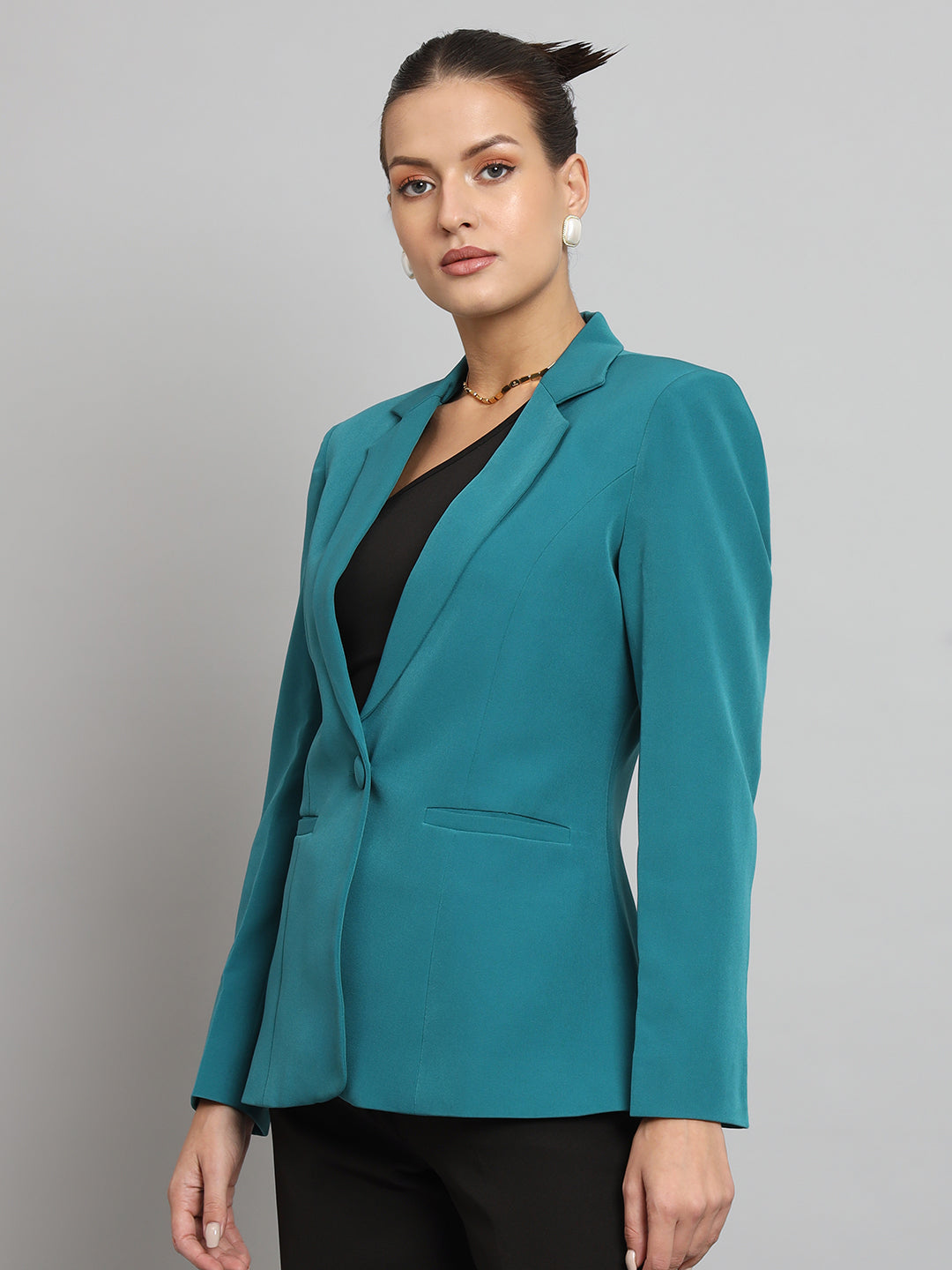 Women Teal Green Notched Lapel Collar Single Breasted Formal Blazer