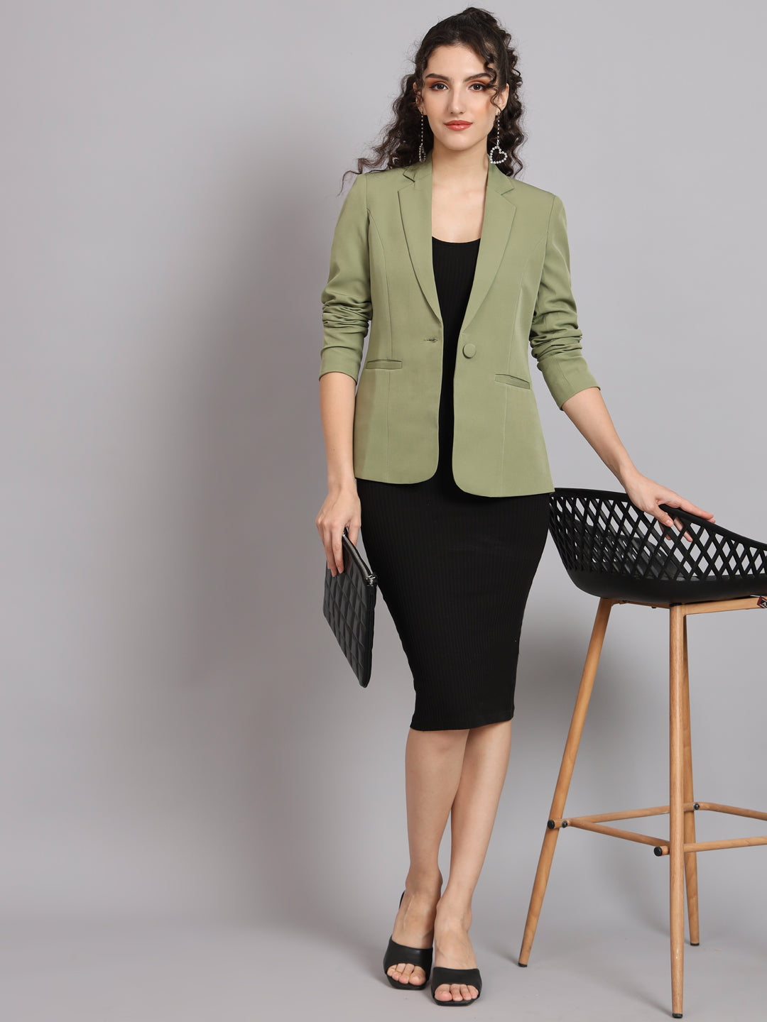 Women Notched Lapel Collar Single Breasted Formal Blazer
