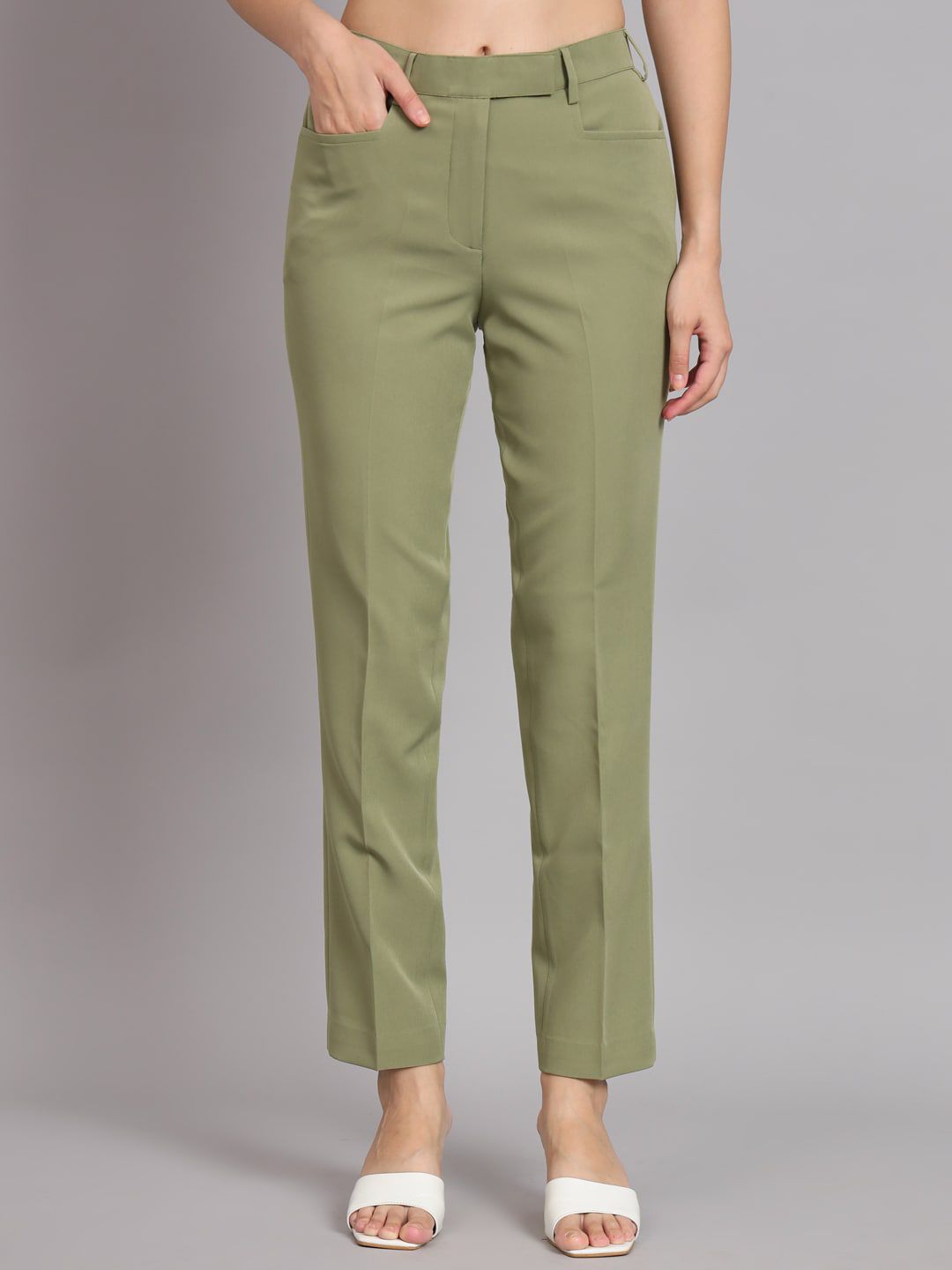Women Olive Green Mid-Rise Trousers