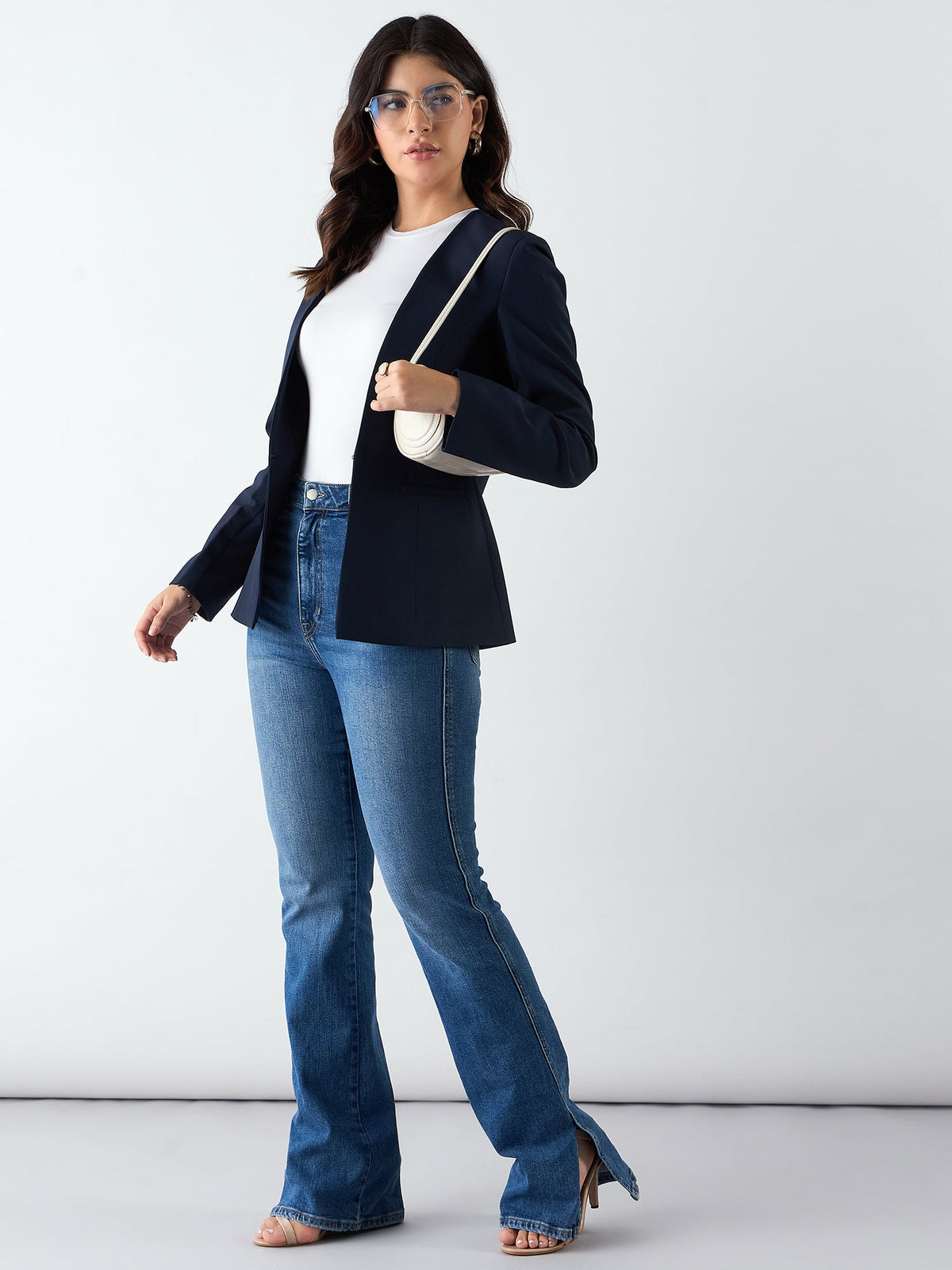 Women Navy Blue Stretch Blazer
