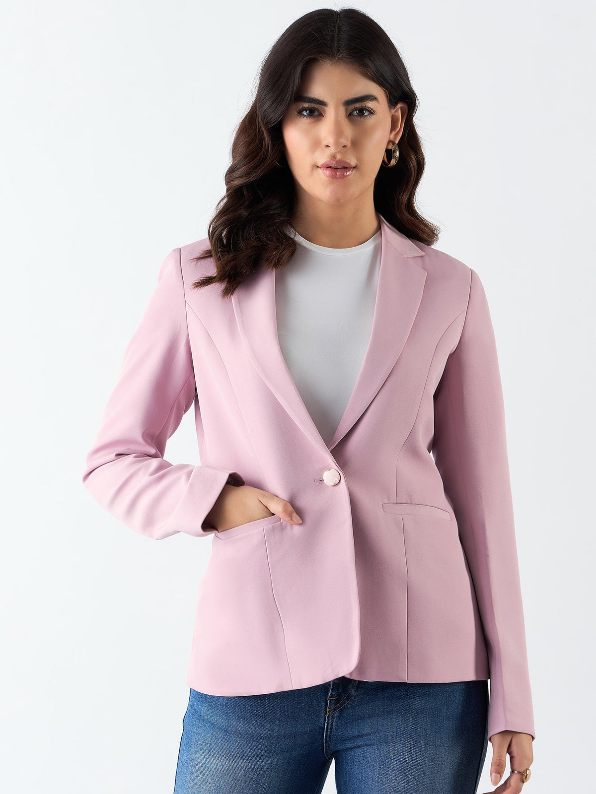 Women Baby Pink Notched Lapel Single-Breasted Formal Blazer