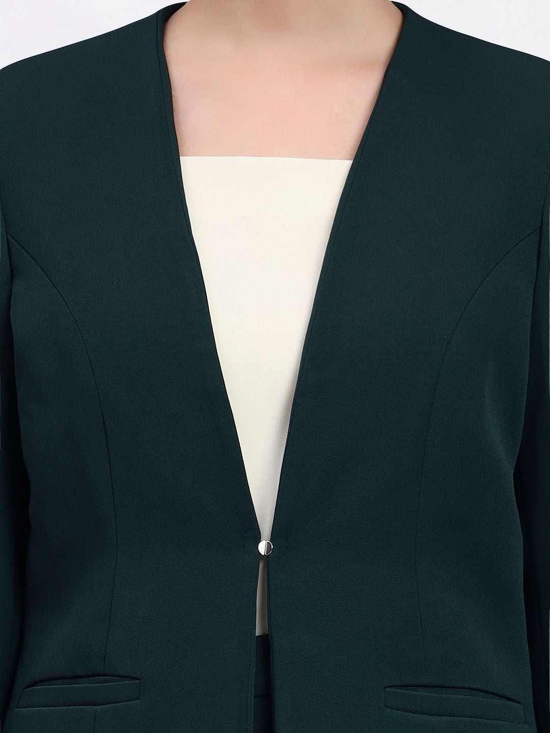 Women Bottle Green Lapel Less Formal Pantsuit