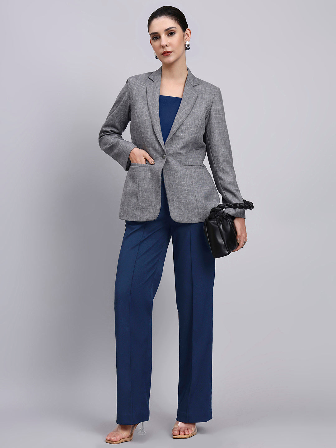 Women Grey Blazer-Set with Contrast Navy Blue Straight fit Pants