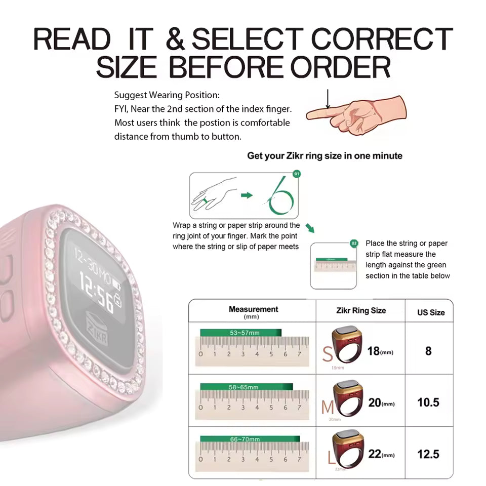 OLED Display Diamond Zikr Tasbeeh Ring – Rechargeable Digital Counter with 4 Modes