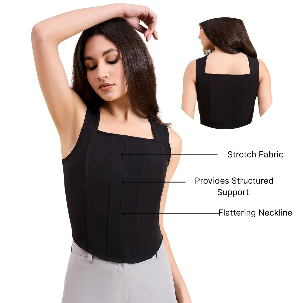 Women Solid Black Square Neck Corset Crop Top