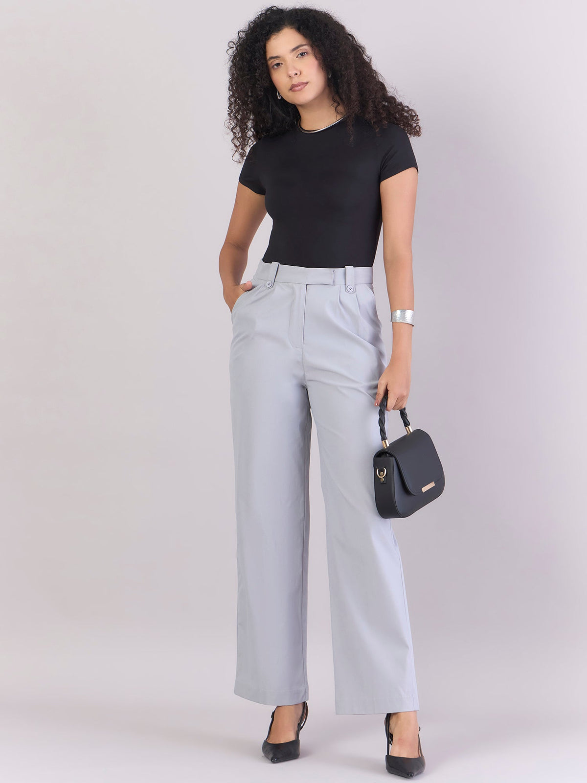 Women Comfort Straight Fit High-Rise Easy Wash Pleated Formal Trousers
