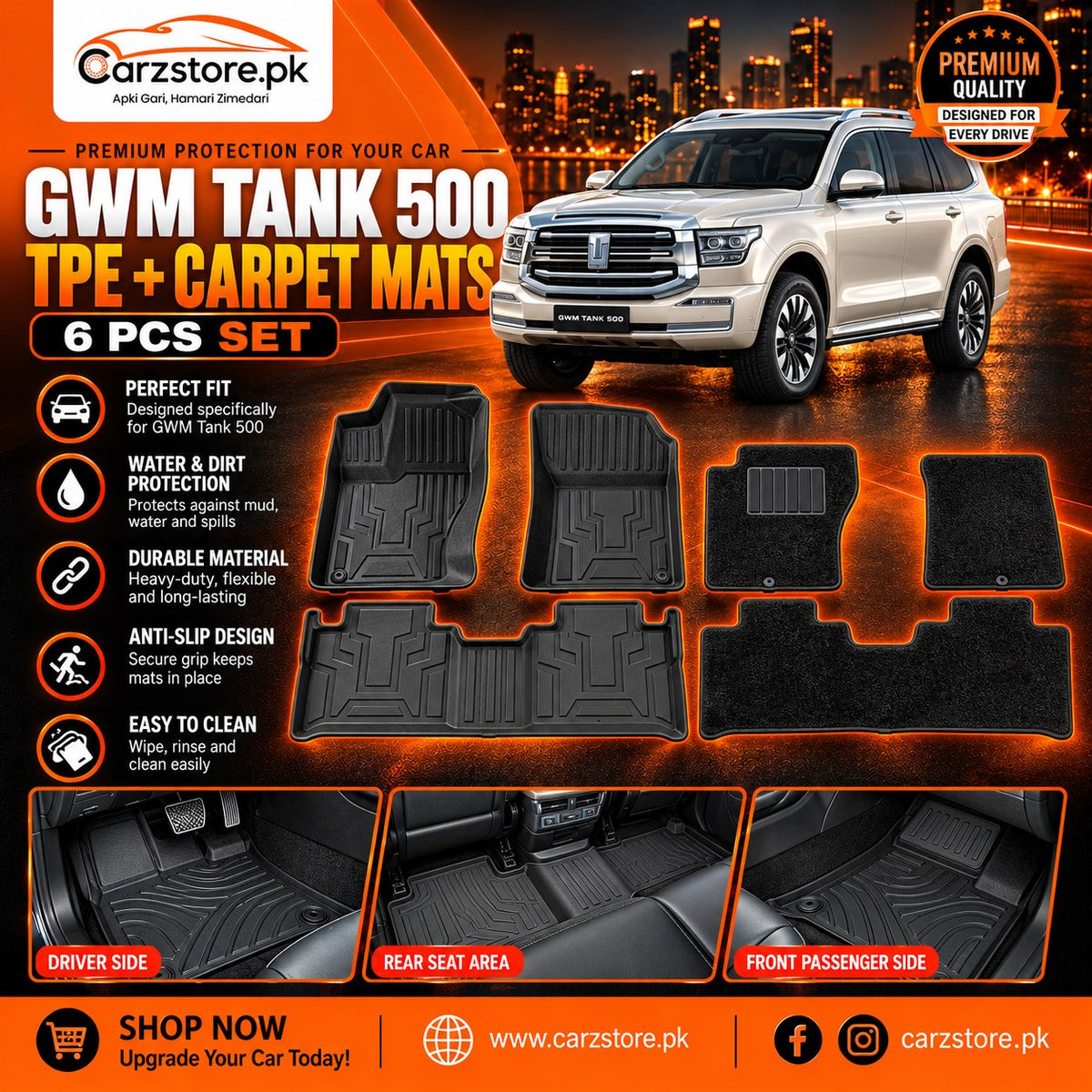 GWM Tank 500 TPE + Carpet Floor Mats (6 Pcs Set) – Custom Fit