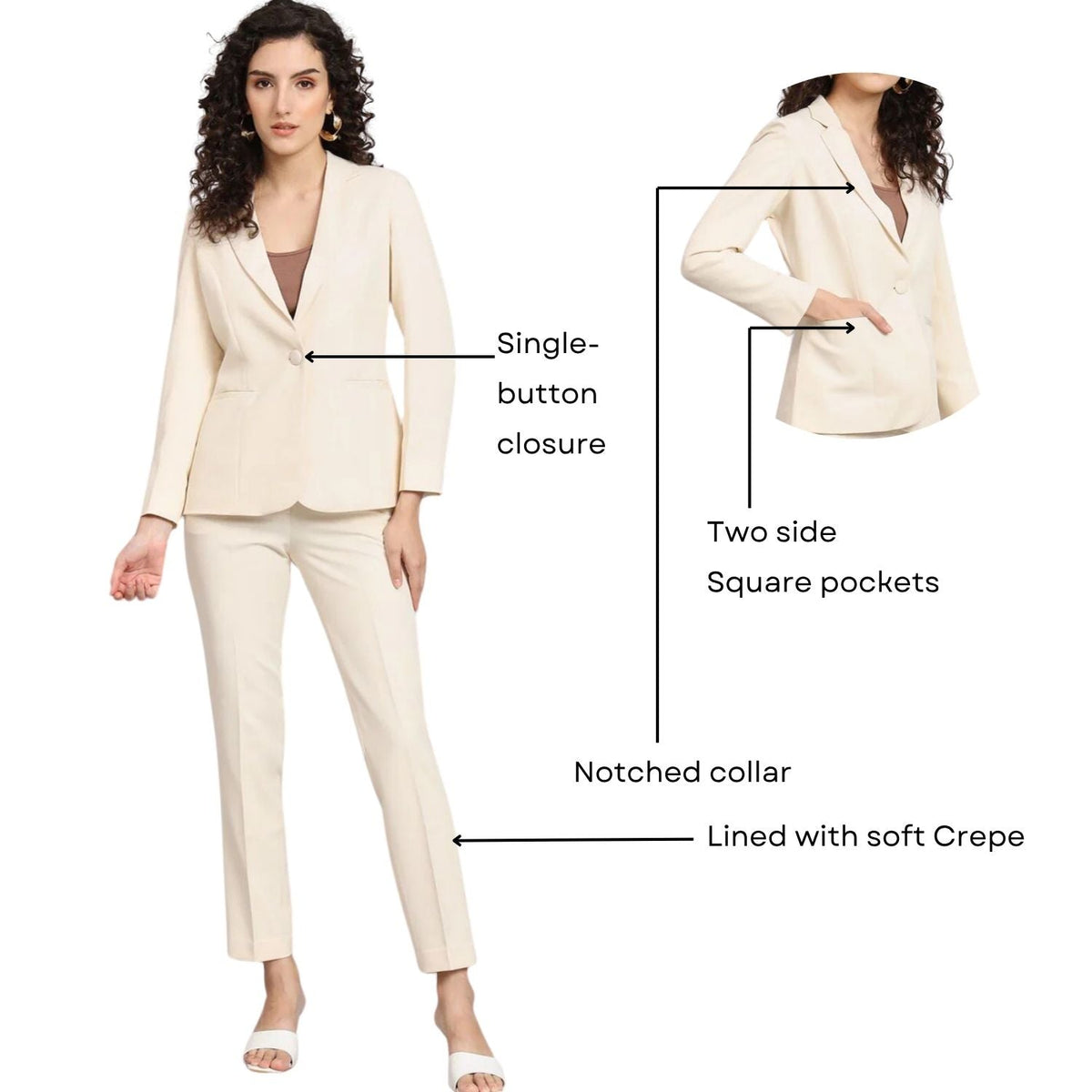 Women Off White Single Breasted Formal Powersuit