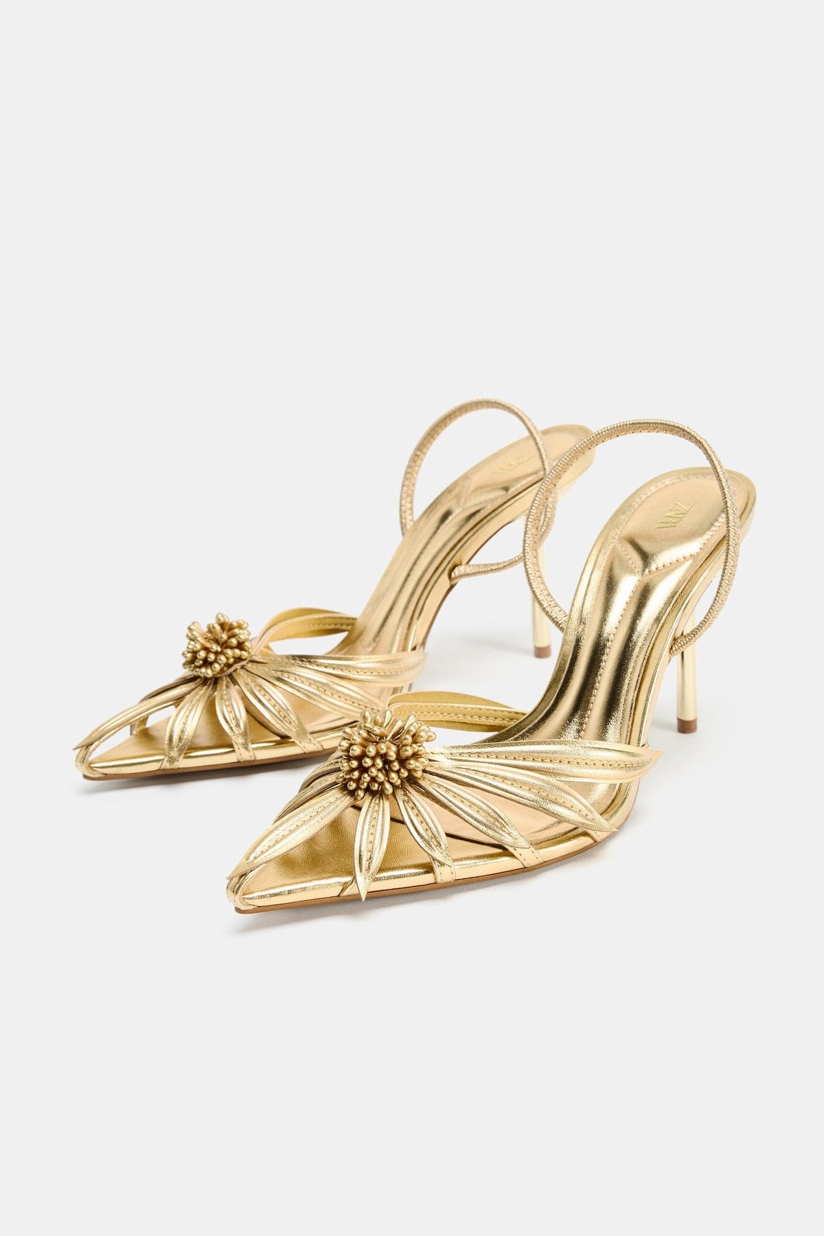 LAMINATED HIGH-HEEL SANDALS WITH FLOWER DETAIL