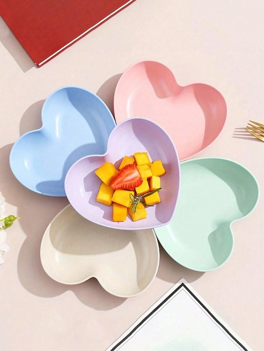 10 Pcs Heart & Oval Wheat Straw Plates Set with Holder – Eco-Friendly (Multi Color)