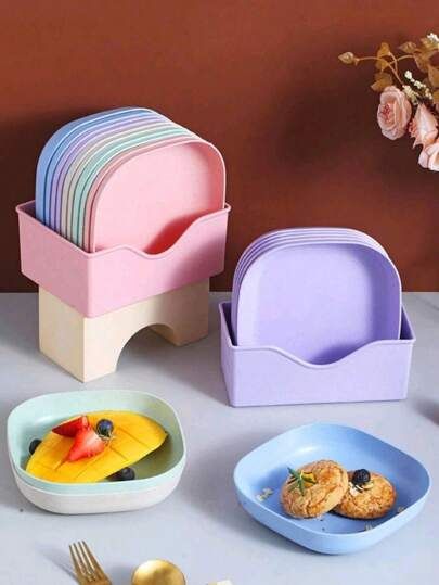 10 Pcs Heart & Oval Wheat Straw Plates Set with Holder – Eco-Friendly (Multi Color)