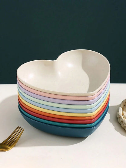 10 Pcs Heart & Oval Wheat Straw Plates Set with Holder – Eco-Friendly (Multi Color)