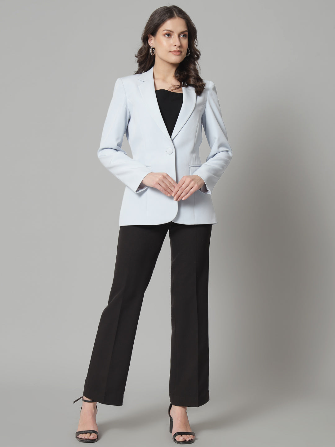 Women Ice Blue Notched Lapel Single Breasted Blazers