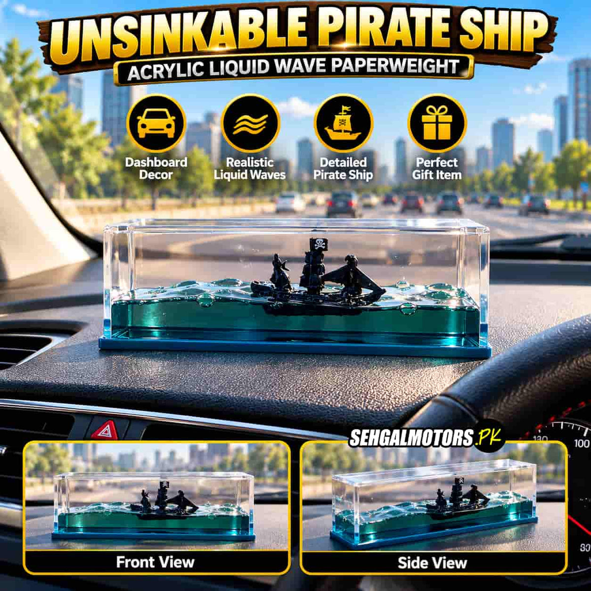 Blue Unsinkable Pirate Ship Acrylic Liquid Wave Paperweight