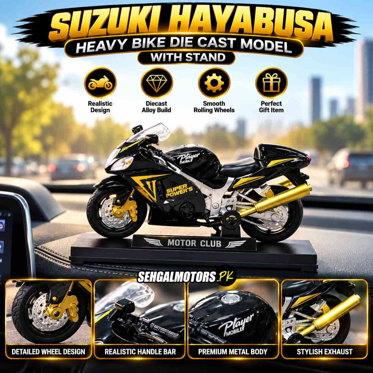 Suzuki Hayabusa Heavy Bike Die Cast Model With Stand Black Gold