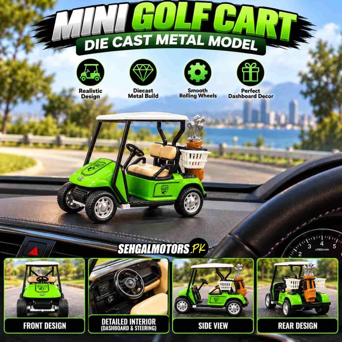 Mini Golf Cart Die Cast Metal Model Green - Pull Back Action