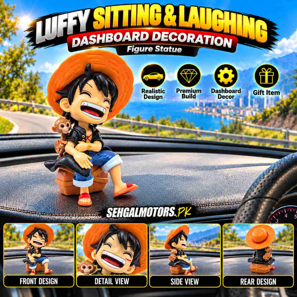 Luffy Sitting and Laughing Figure Statue Dashboard Decoration