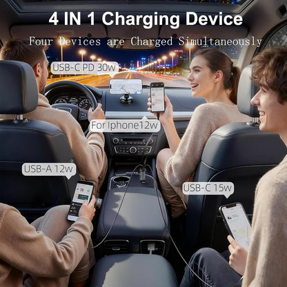 4-in-1 Retractable DC Car Charger Fast Charging USB Type C - Car Phone Charger Adapter 120W
