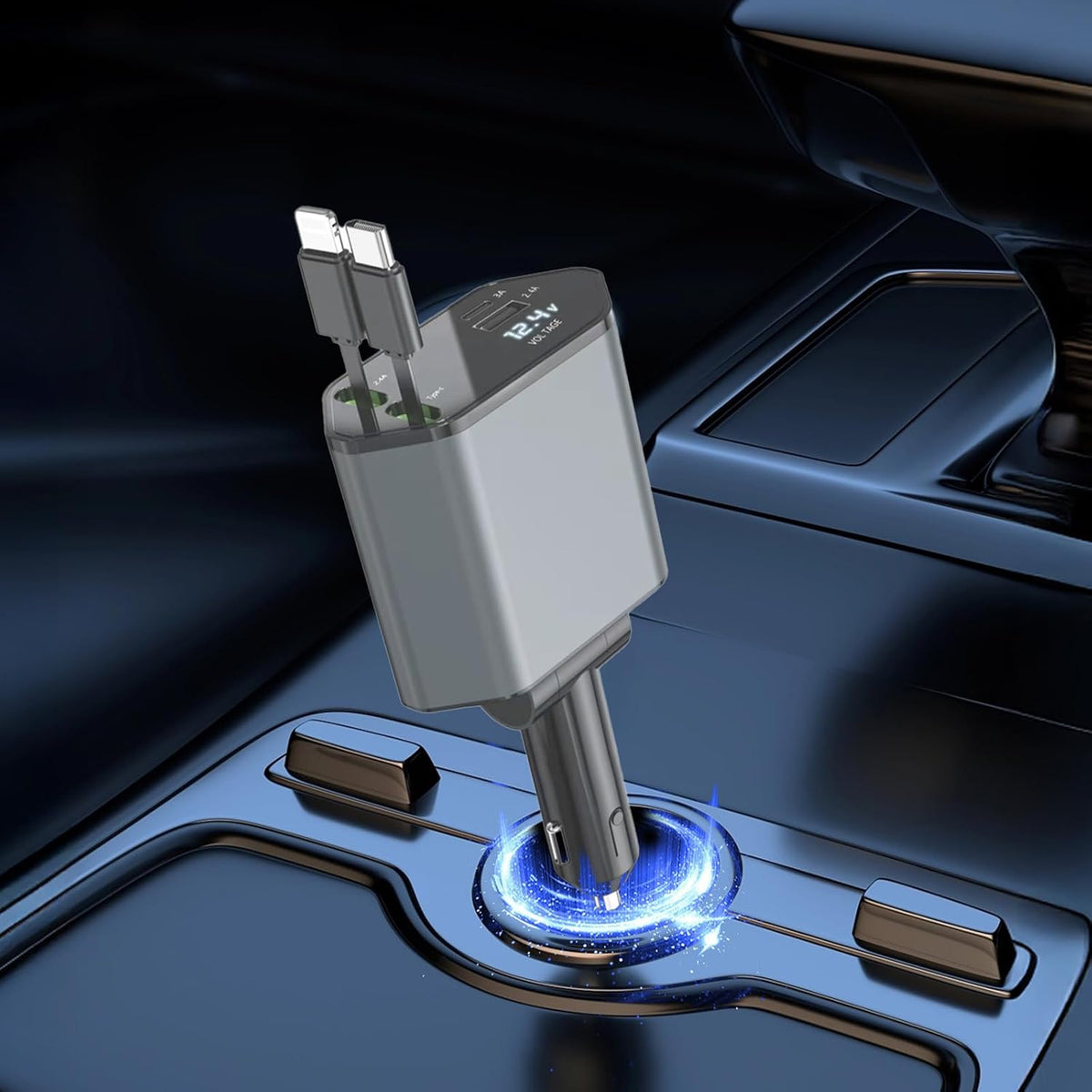4-in-1 Retractable DC Car Charger Fast Charging USB Type C - Car Phone Charger Adapter 120W