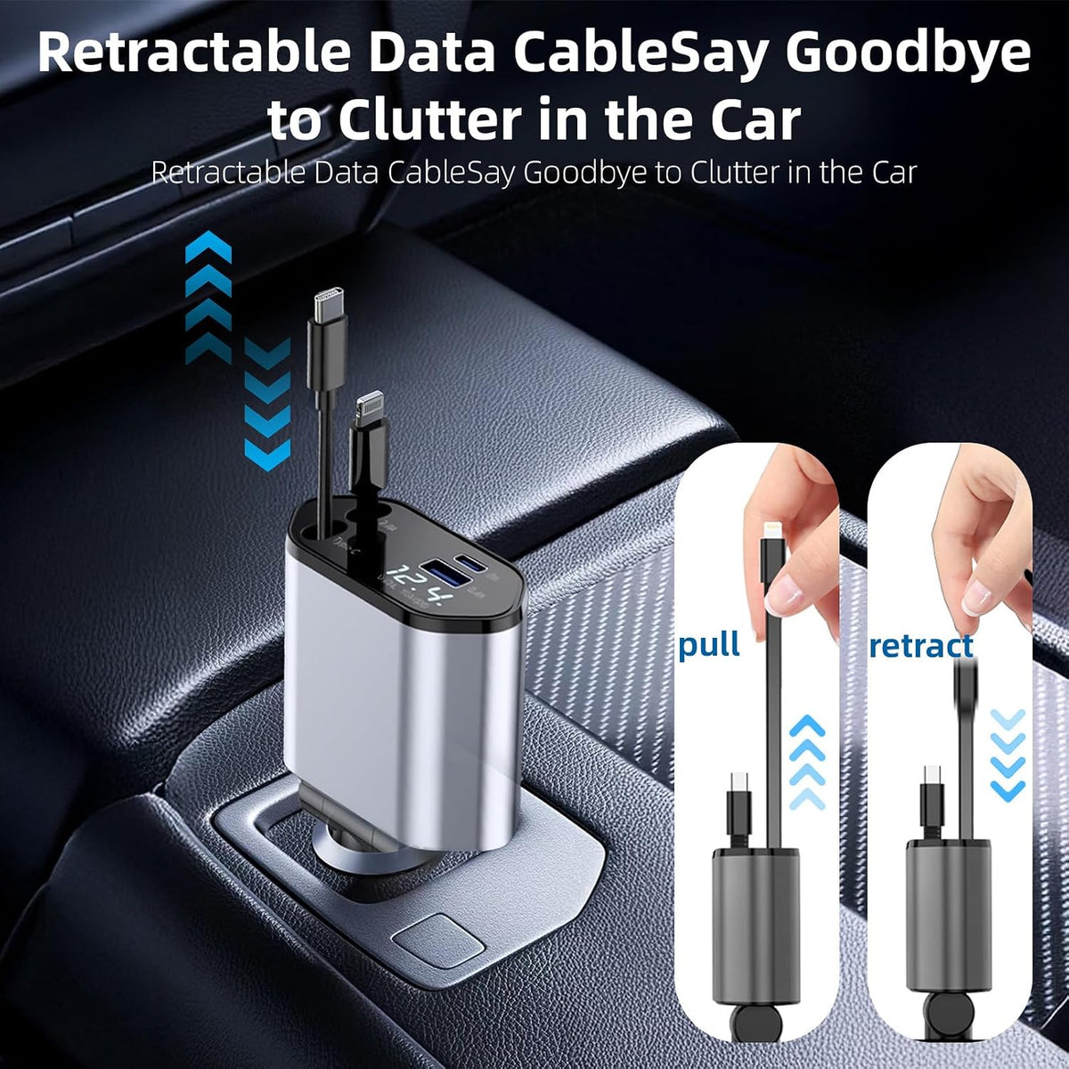 4-in-1 Retractable DC Car Charger Fast Charging USB Type C - Car Phone Charger Adapter 120W
