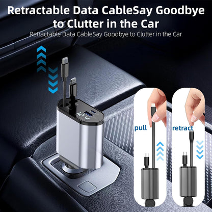 4-in-1 Retractable DC Car Charger Fast Charging USB Type C - Car Phone Charger Adapter 120W