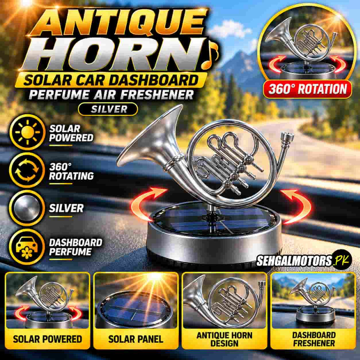 Antique Horn Solar Car Dashboard Perfume Air Freshener Silver