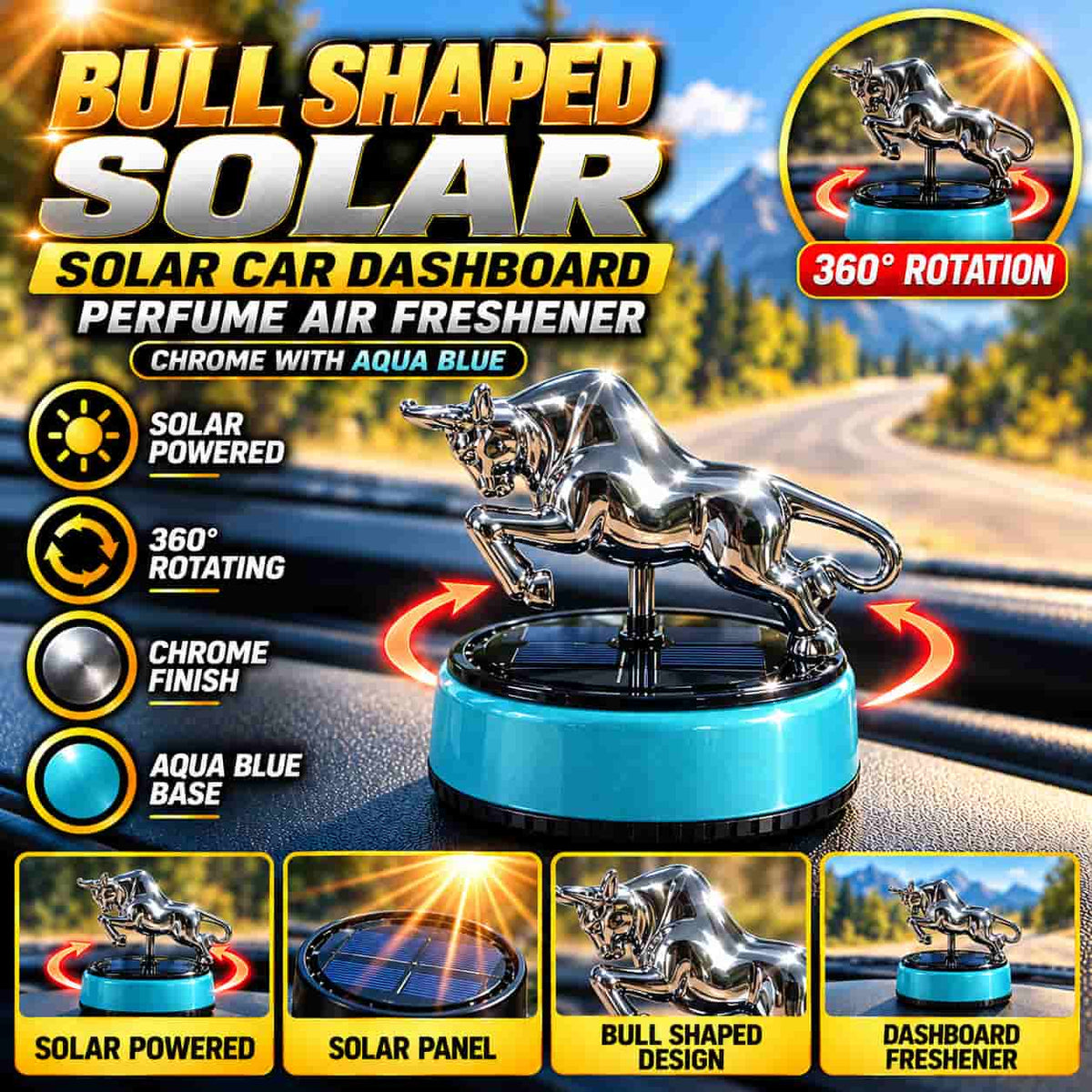 Bull Shaped Solar Car Dashboard Perfume Chrome with Aqua Blue