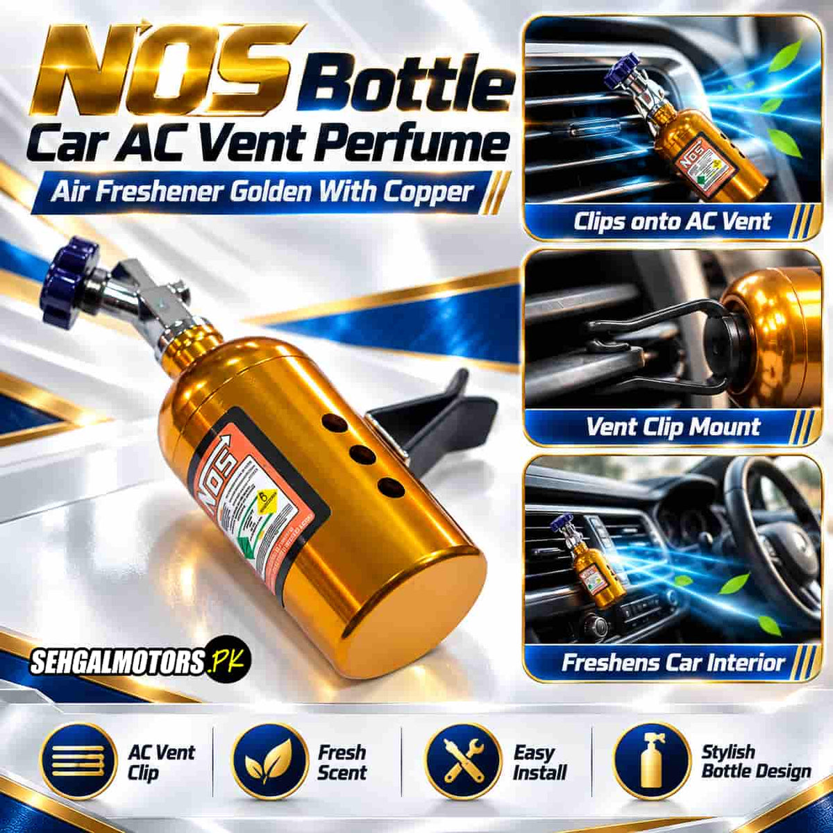 NOS Bottle Car AC Vent Perfume Air Freshener Golden With Copper
