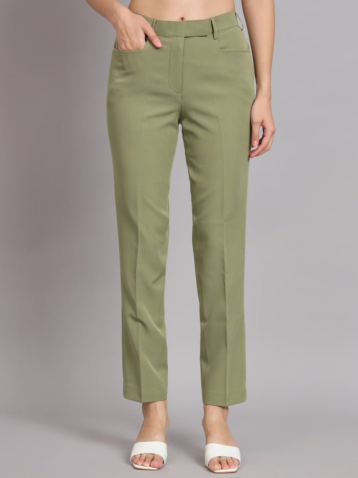 Women Olive Green Mid-Rise Trousers