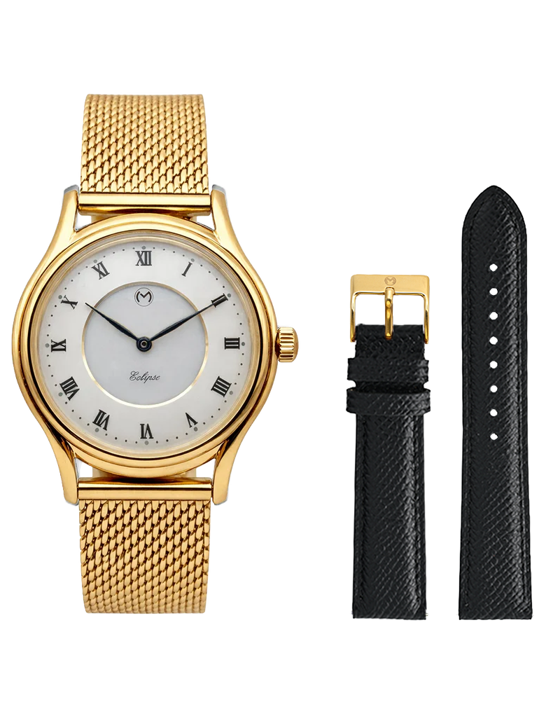 Lugano Eclipse Solar 36 MM Yellow Gold + Free Leather Band