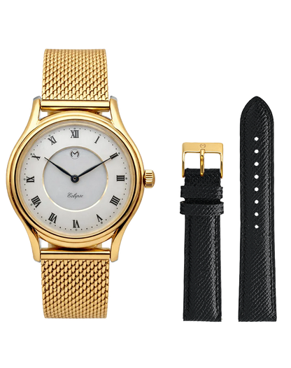 Lugano Eclipse Solar 36 MM Yellow Gold + Free Leather Band