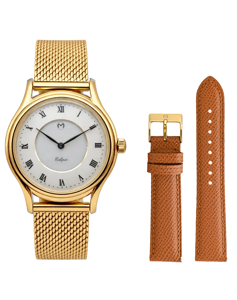 Lugano Eclipse Solar 36 MM Yellow Gold + Free Leather Band