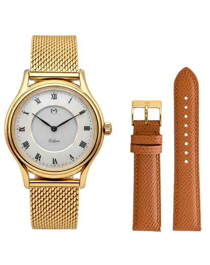 Lugano Eclipse Solar 36 MM Yellow Gold + Free Leather Band