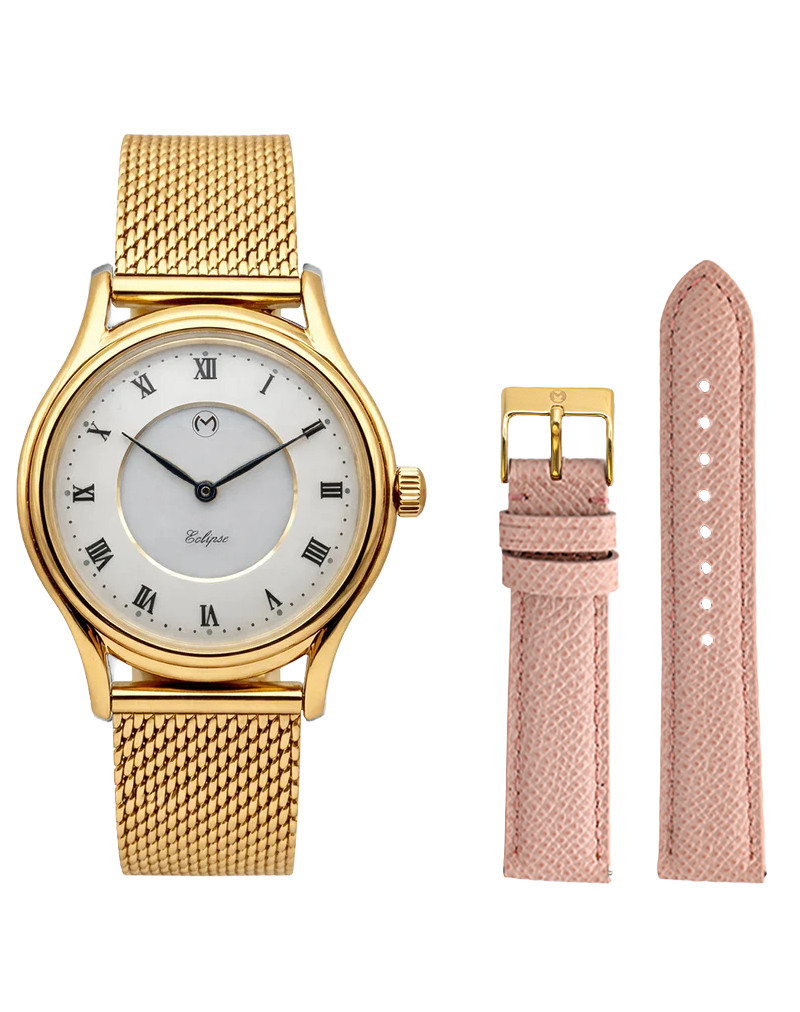 Lugano Eclipse Solar 36 MM Yellow Gold + Free Leather Band