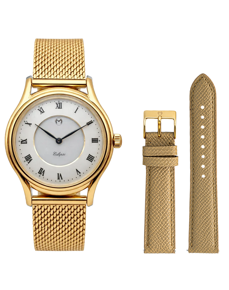 Lugano Eclipse Solar 36 MM Yellow Gold + Free Leather Band