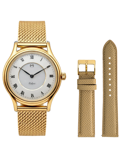 Lugano Eclipse Solar 36 MM Yellow Gold + Free Leather Band