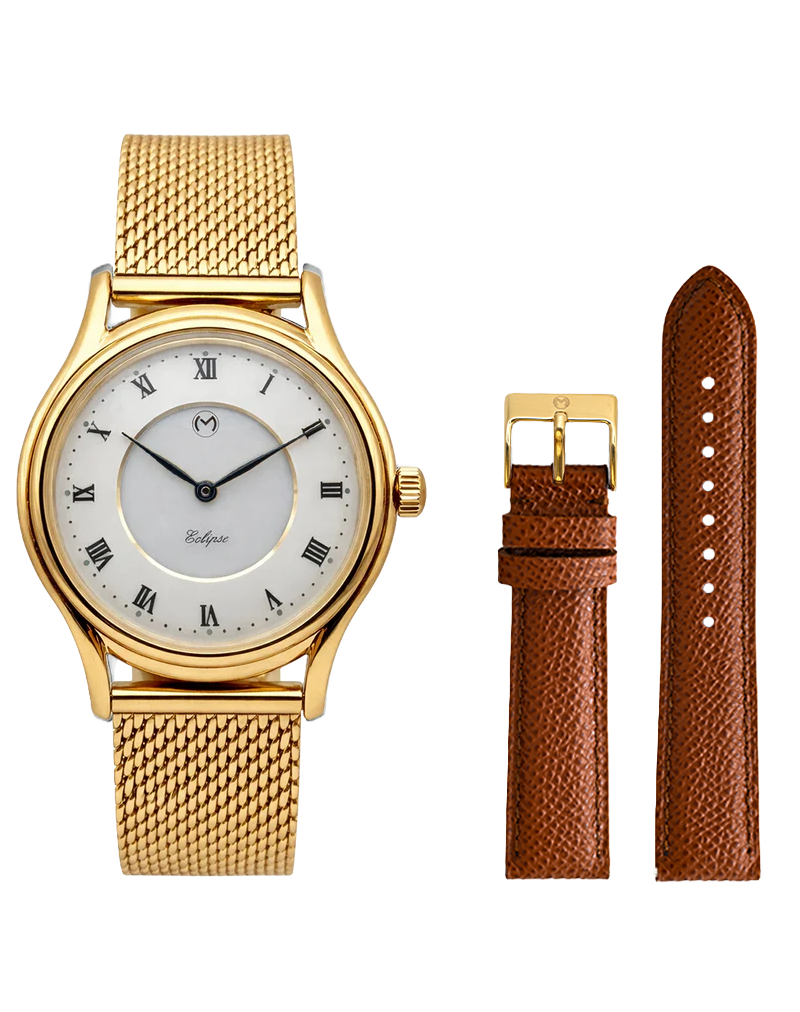Lugano Eclipse Solar 36 MM Yellow Gold + Free Leather Band