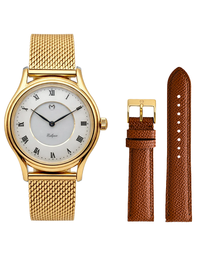 Lugano Eclipse Solar 36 MM Yellow Gold + Free Leather Band