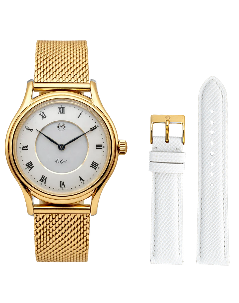 Lugano Eclipse Solar 36 MM Yellow Gold + Free Leather Band