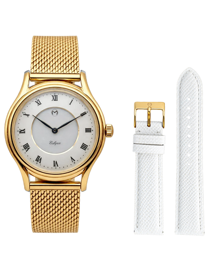 Lugano Eclipse Solar 36 MM Yellow Gold + Free Leather Band