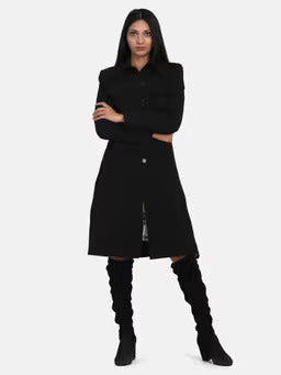 Formal Black Overcoat with Spread Collar and Button Closure