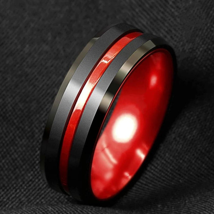 Black Titanium Red Inlay Ring