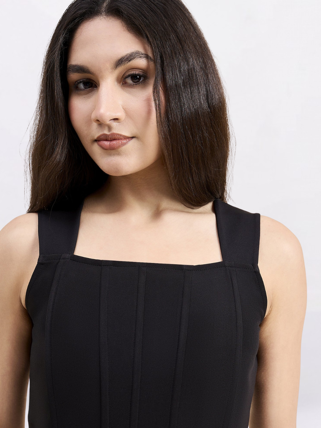 Women Solid Black Square Neck Corset Crop Top