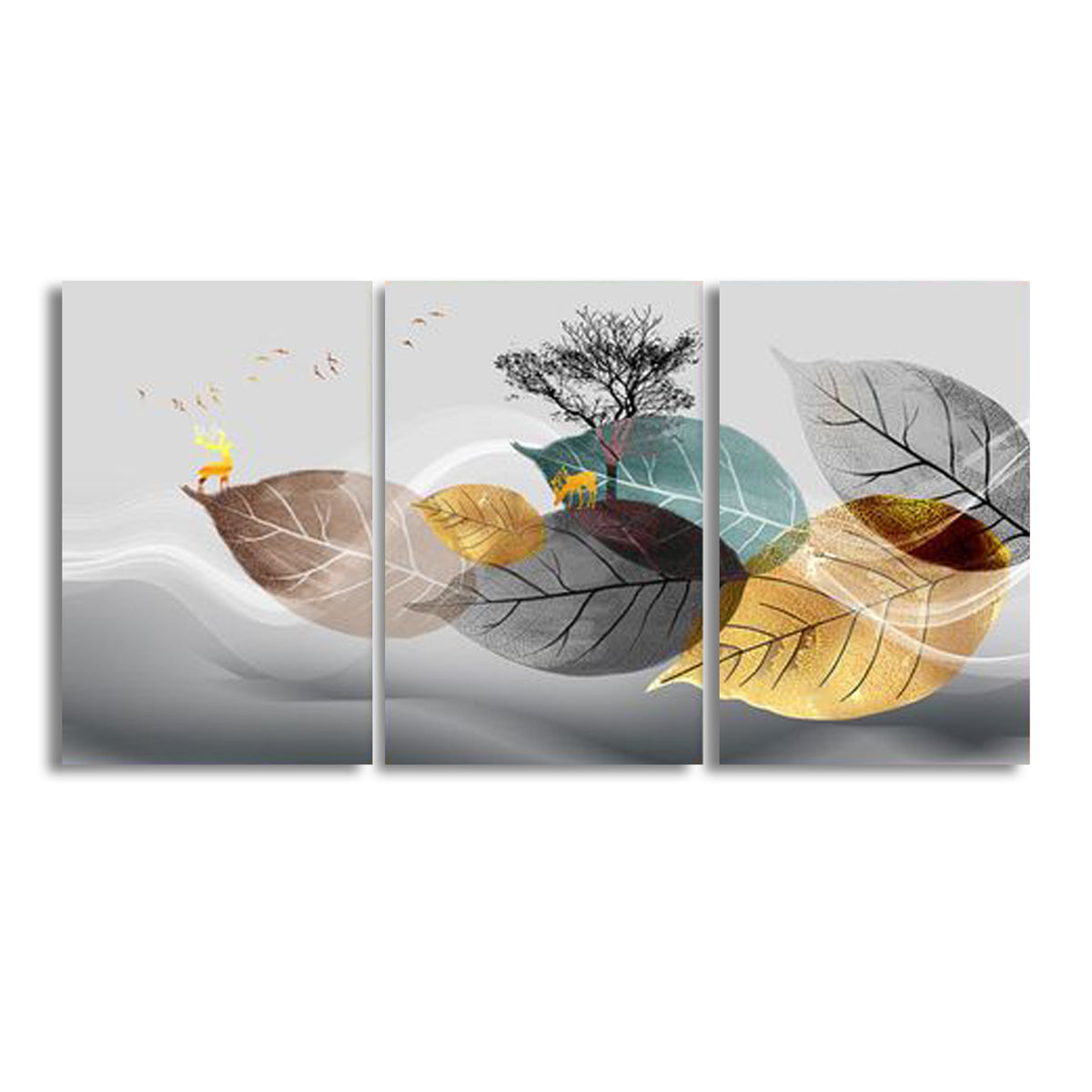 Abstract Grey Gold Blue Leaves (3panel) | Wall Art