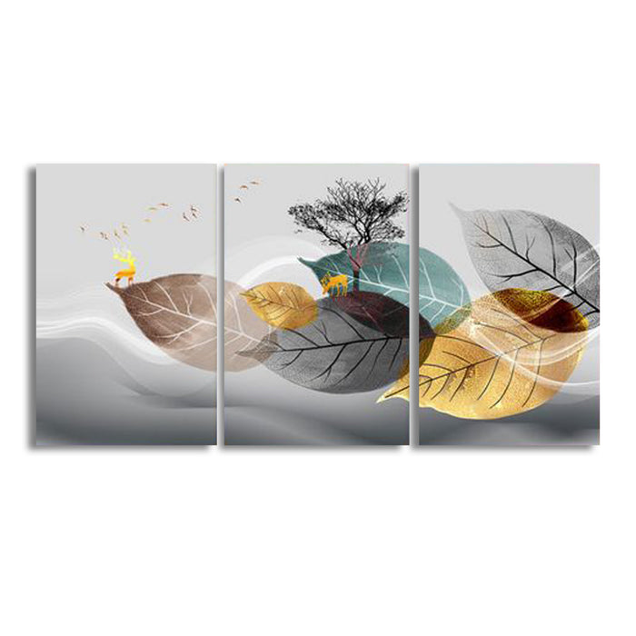 Abstract Grey Gold Blue Leaves (3panel) | Wall Art