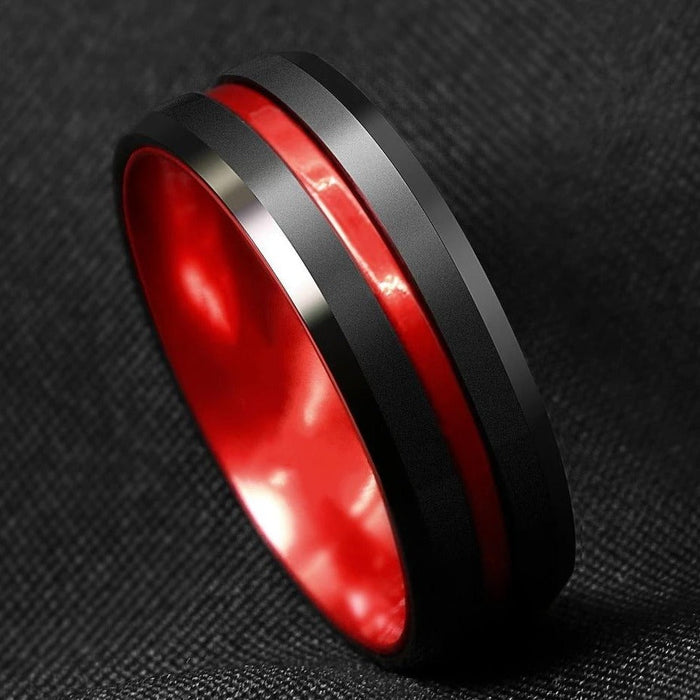 Black Titanium Red Inlay Ring