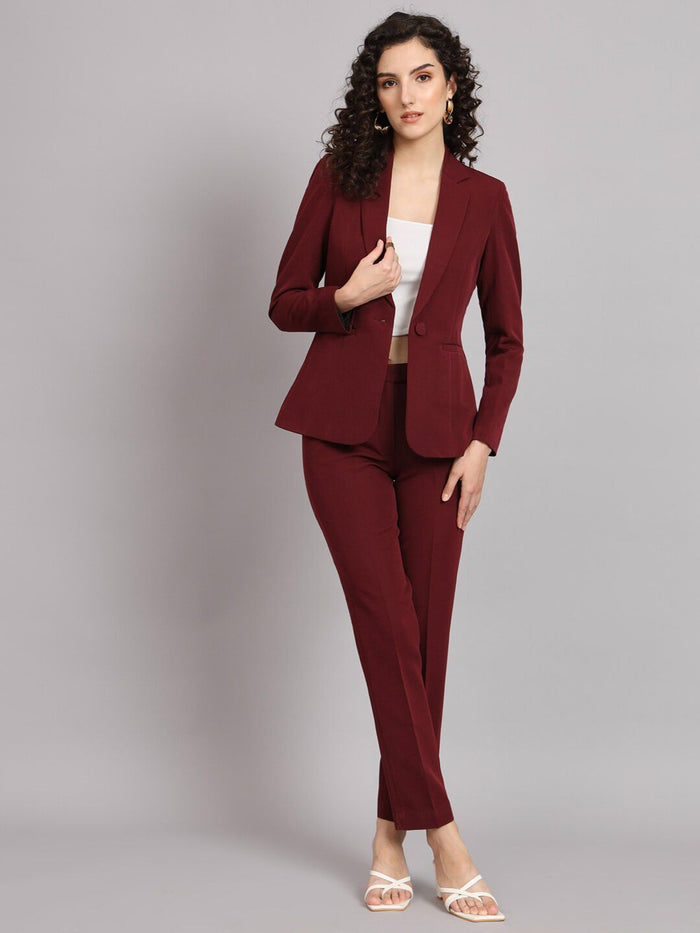 Women Maroon Single-Breasted Formal Pantsuit